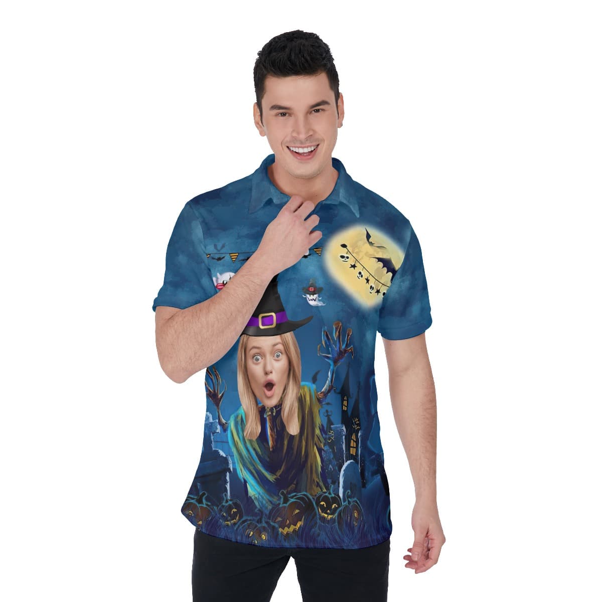 Custom Face Horror Hawaiian Polo Shirt Funny Halloween Witch