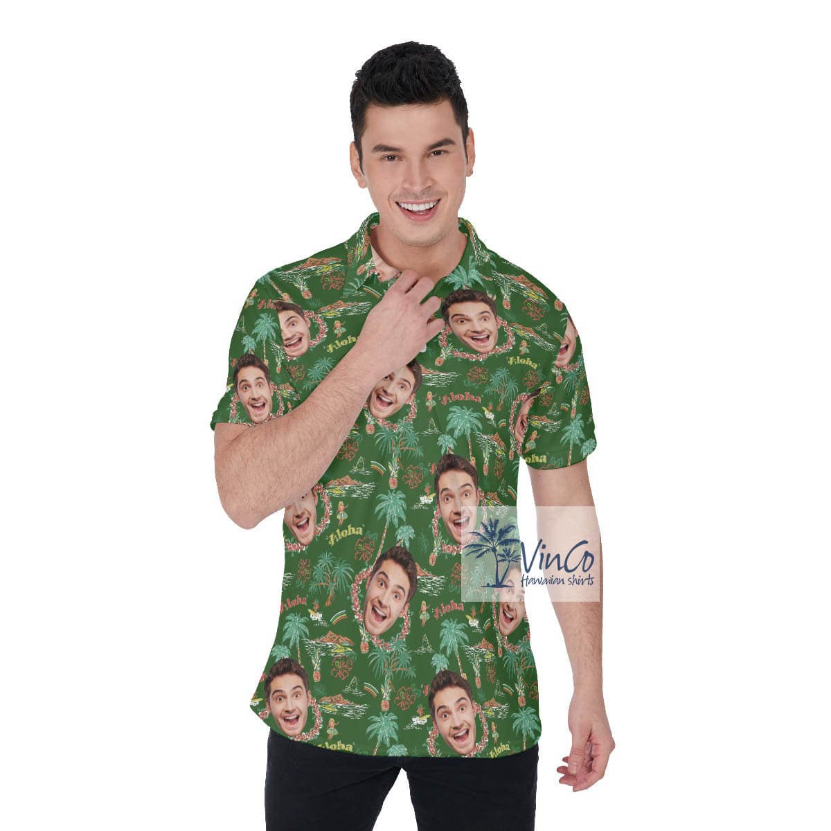 Custom Face Hula Girl Tropical Green Hawaiian Golf Shirt