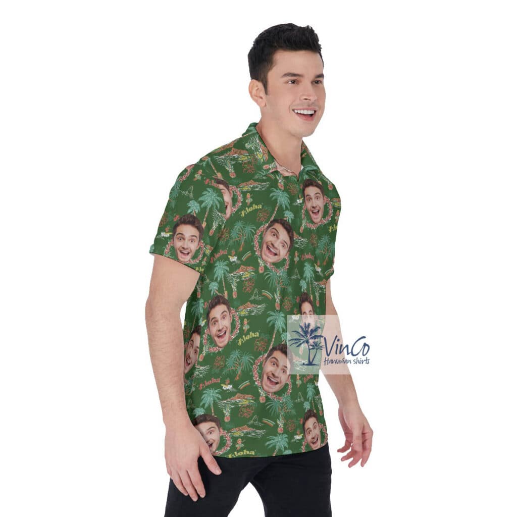 Custom Face Hula Girl Tropical Green Hawaiian Golf Shirt