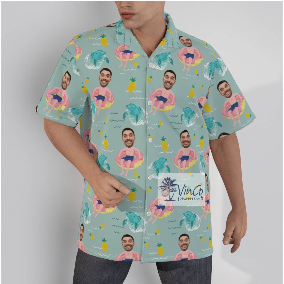 Custom Face Men Pink Flamingo Pool Float Hawaiian Shirt (2)