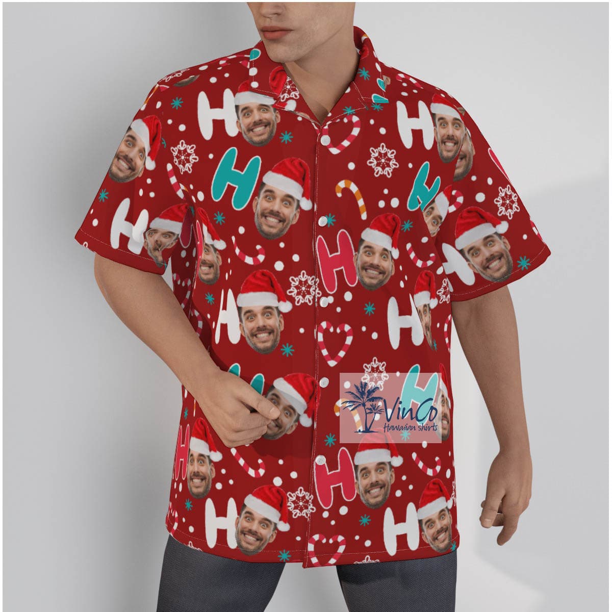 Custom Face Santa Hat HO HO HO Christmas Hawaiian Shirt (2)
