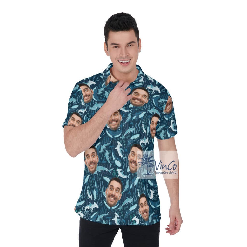 Custom Face Sharks Hawaiian Polo Shirt For Men