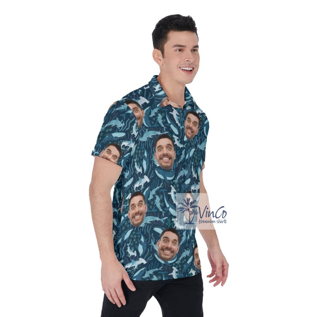 Custom Face Sharks Hawaiian Polo Shirt For Men