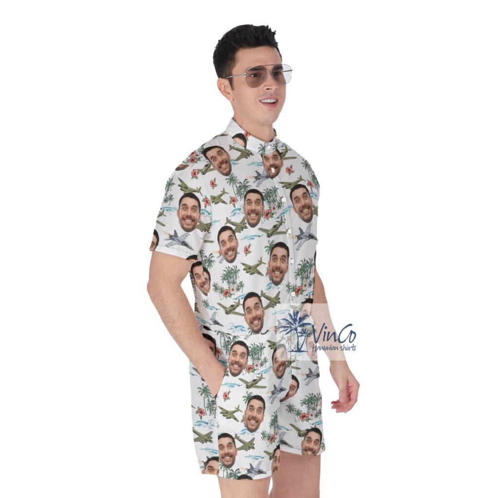 Custom Face Tropical Airplanes Hawaiian White Romper For Men
