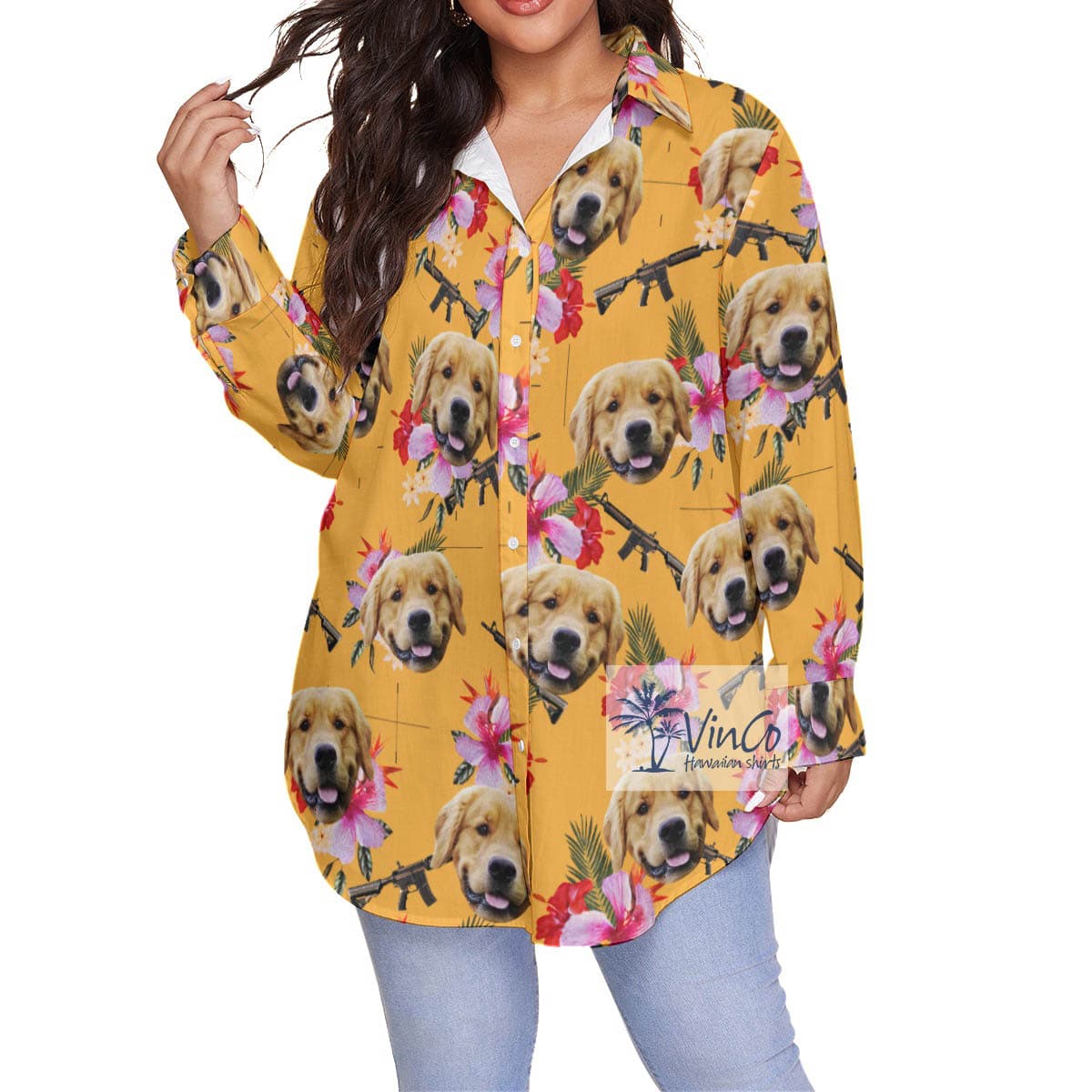Custom Floral Gun Yellow Hawaiian Plus Size Shirt With Dog Face