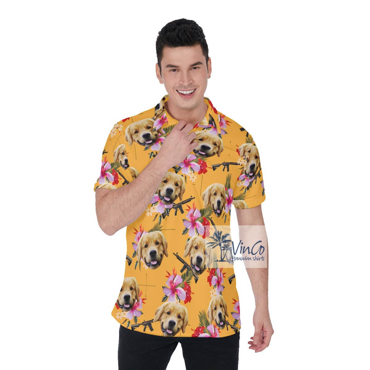 Custom Floral Gun Yellow Hawaiian Polo Shirt With Dog Face