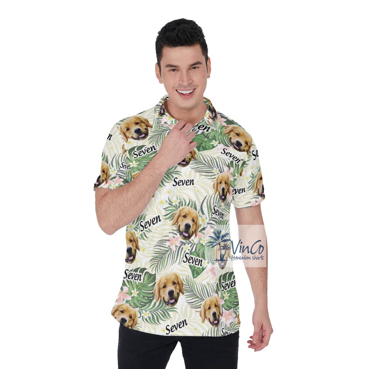 Custom Floral Hawaiian Polo Shirt With Dog Face And Name