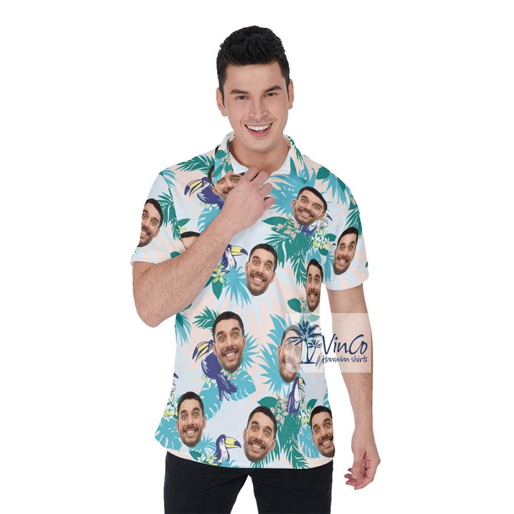 Polo Golf Shirt with Blue Parrots in Tropical Forest Pattern