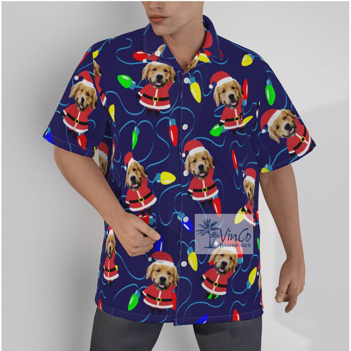 Custom Pet Face Santa Christmas Hawaiian Shirt Christmas Light (2)