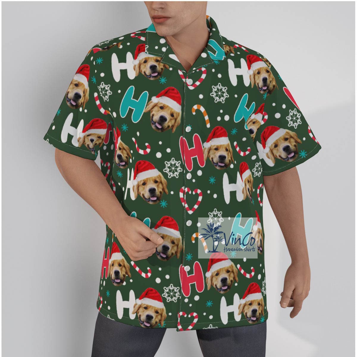 Custom Pet Faces Ho Ho Ho Christmas Button Shirt For Men (2)