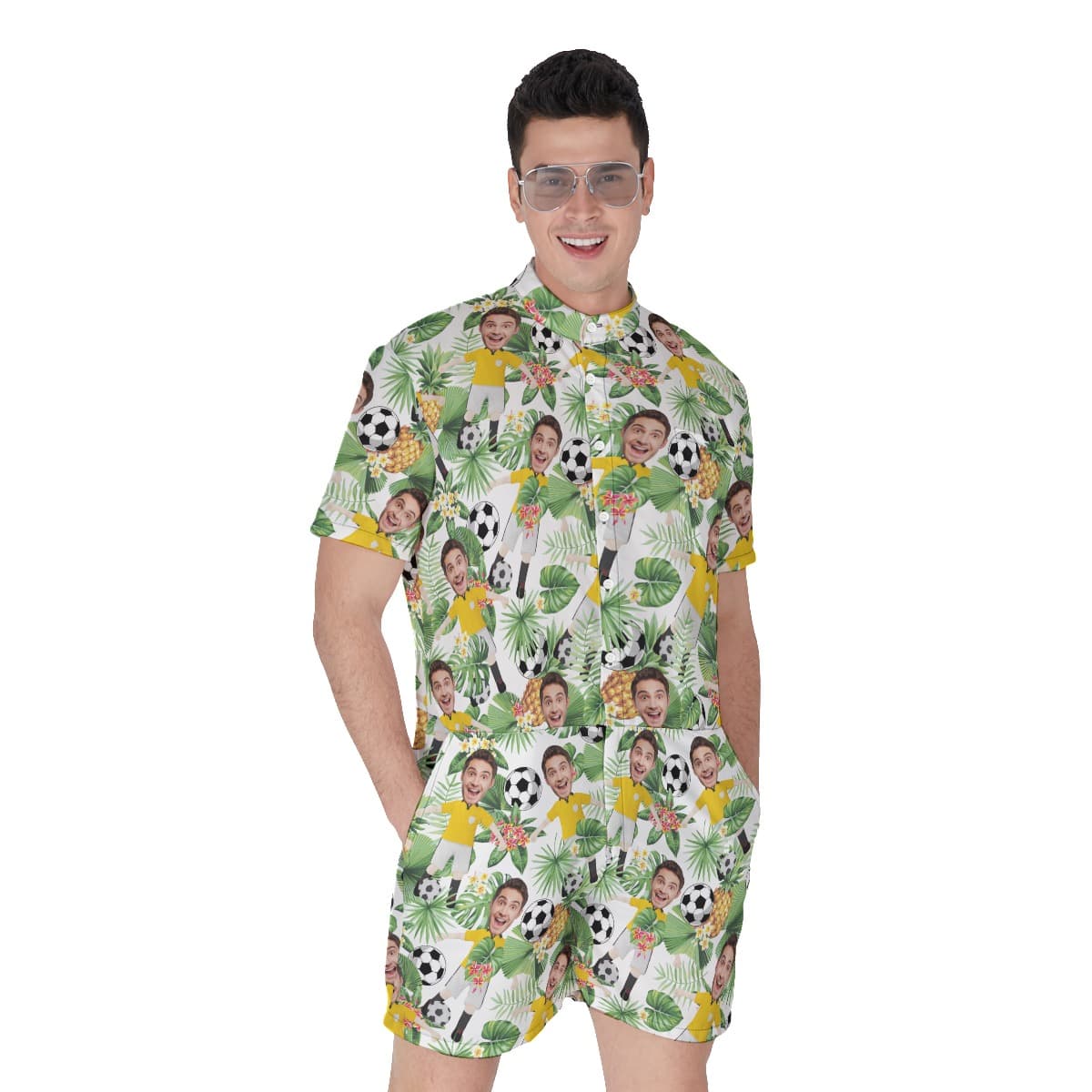 Custom Photo Face Soccer Player Hawaiian Romper For Men