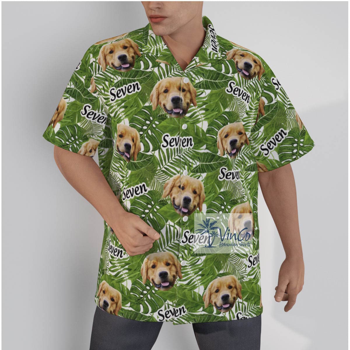 Custom Tropical Leaves Green Hawaiian Shirt With Dog Face And Name