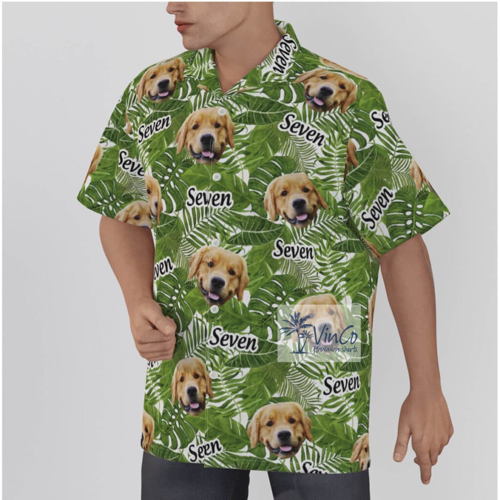 Custom Tropical Leaves Green Hawaiian Shirt With Dog Face And Name