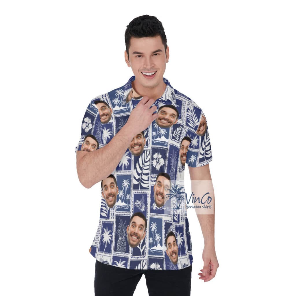 Custom Tropical Palm Trees Blue Hawaiian Polo Shirt With Face