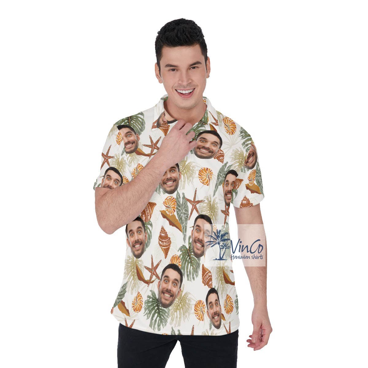Custom Tropical Sea Star And Seashell Custom Face Hawaiian Polo Shirt