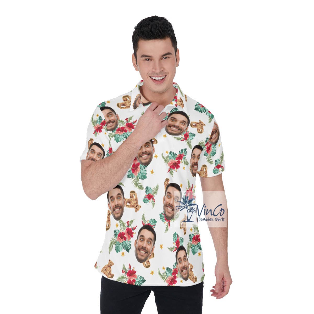 Cute Bear Hibiscus Custom Face Hawaiian Polo Shirt For Men