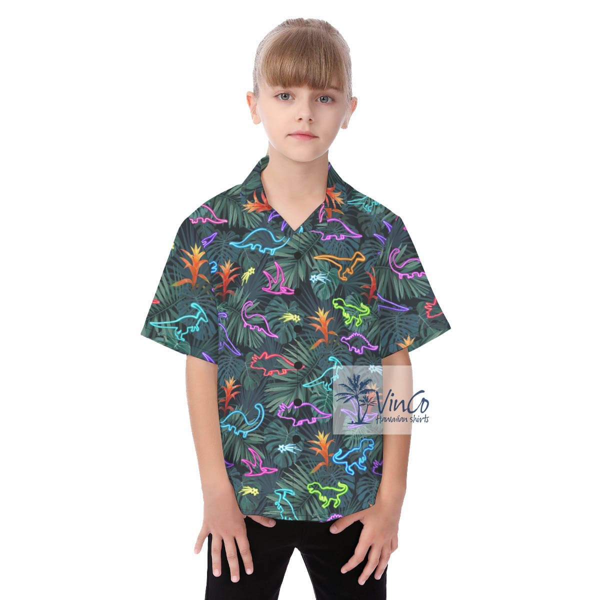 Cute Neon Dinosaur Tropical Button Shirt For Kids (2)