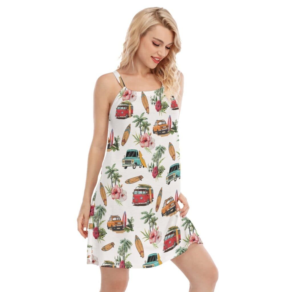 Cute Surfer Car Palm Tree Aloha Cami Dresses For Women