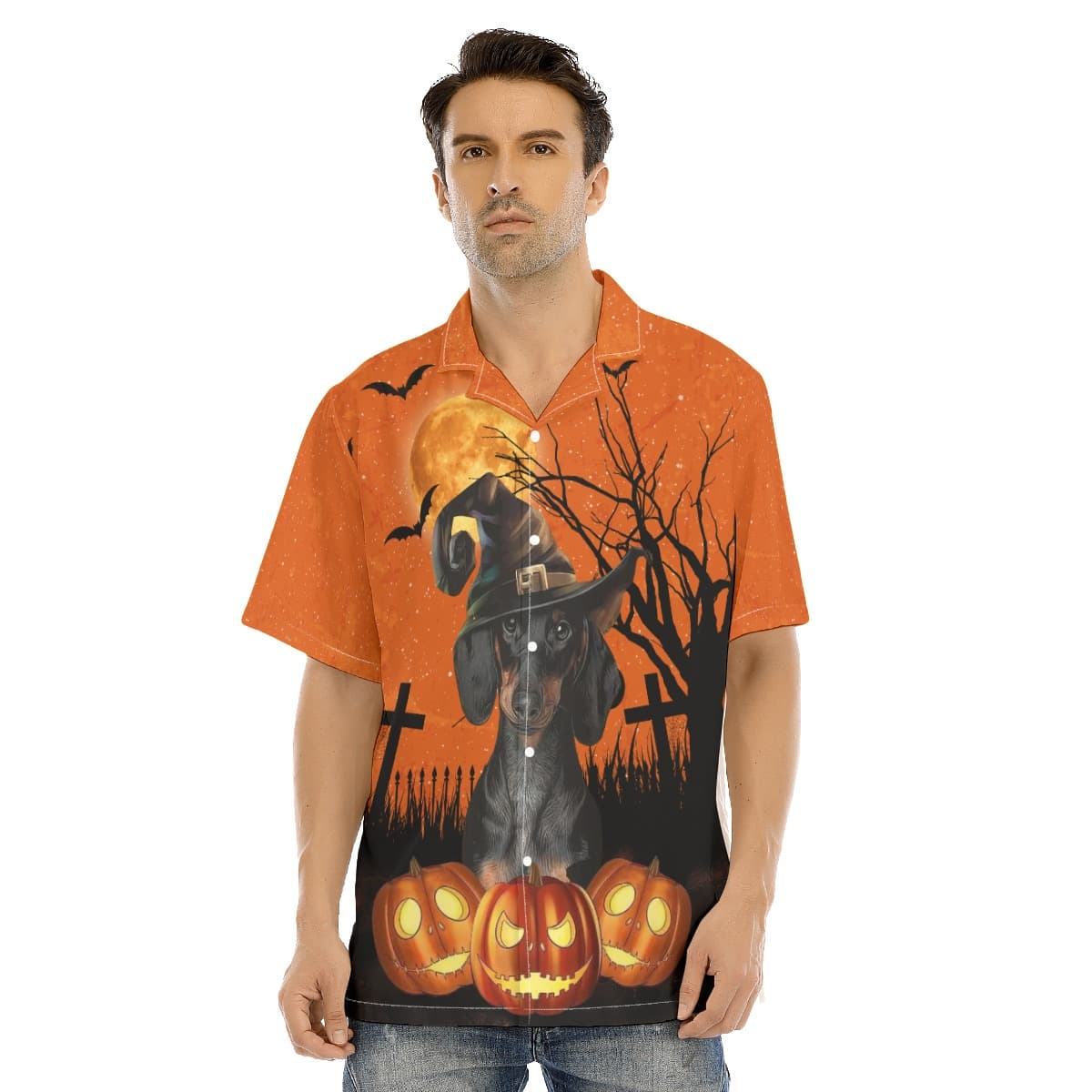 Dachshund Halloween Hawaiian Shirt Wearing Witches Hat