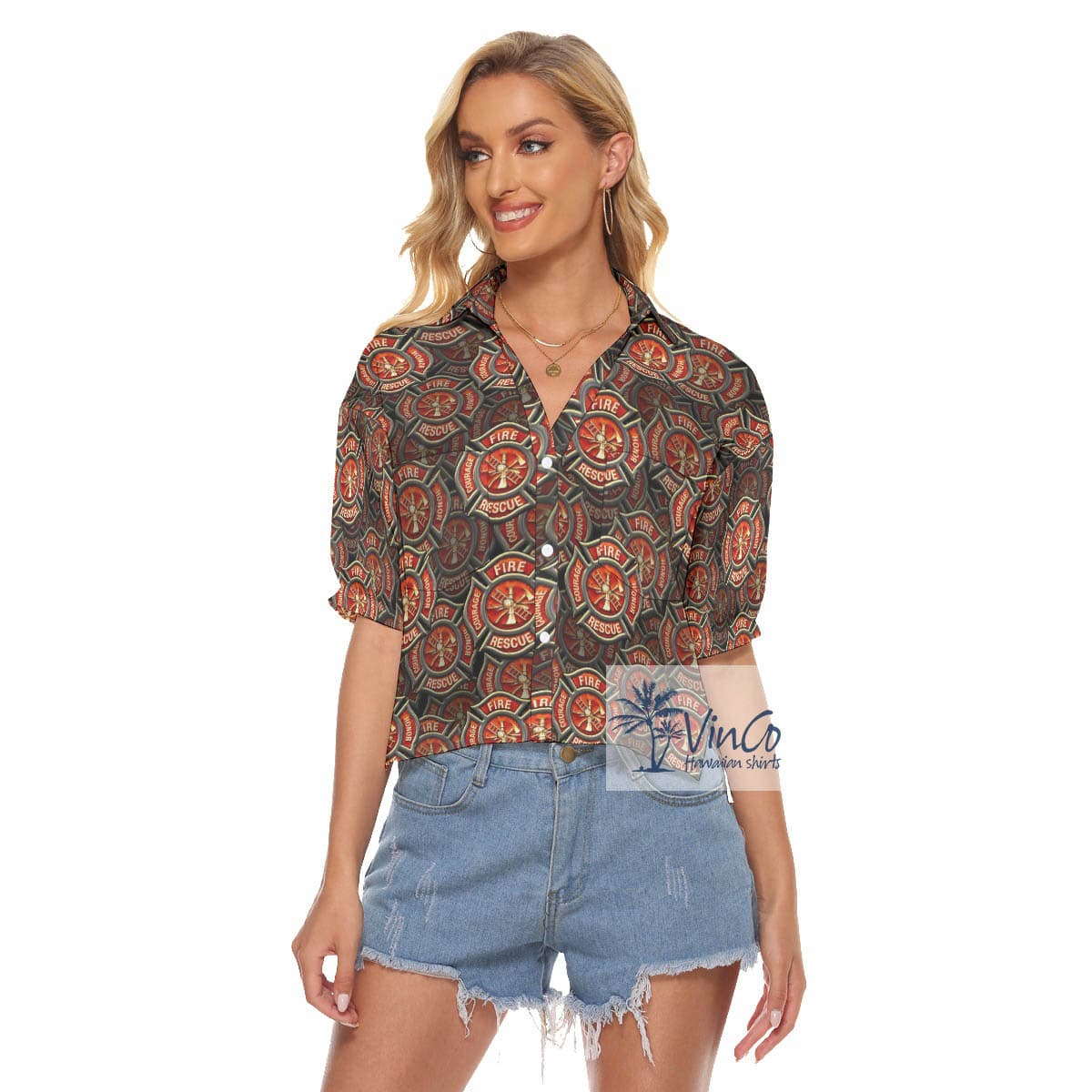 Fire Rescue Honor Courage Firefighter Hawaiian Cropped Shirt For Women (1)