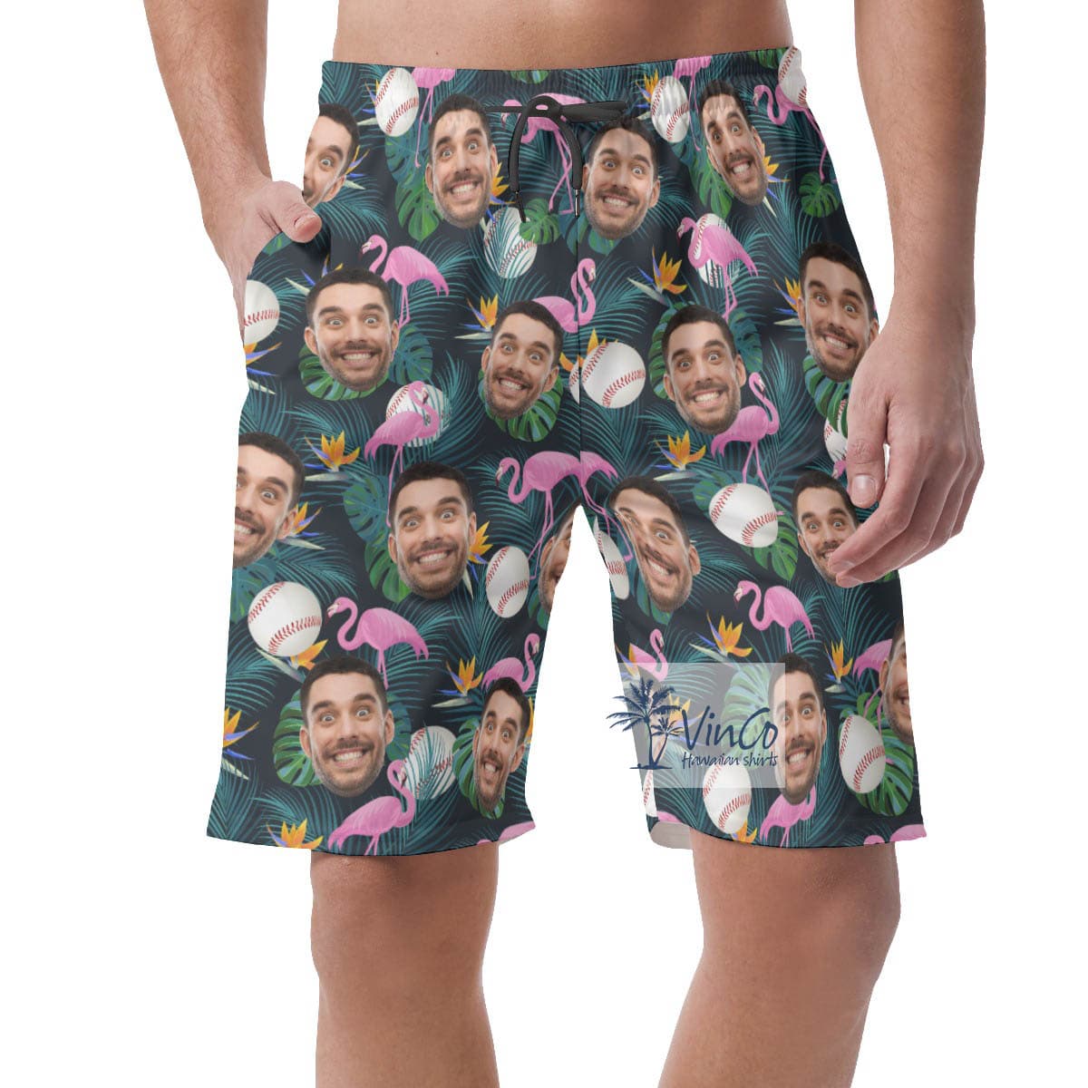 Flamingo Baseball Hawaiian Beach Shorts With Custom Face