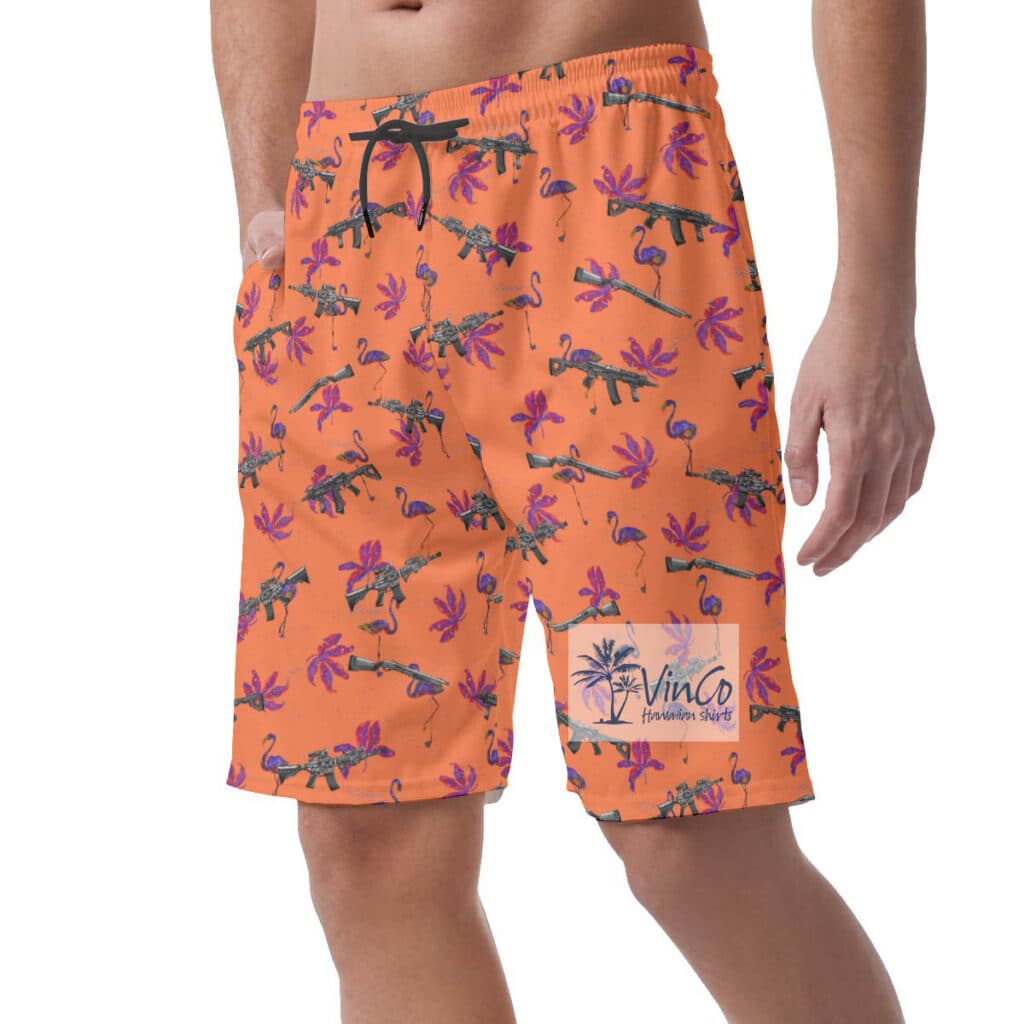 Flamingo Long Gun Orange Hawaiian Beach Shorts