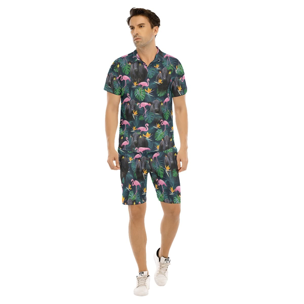 Flamingo Tropical Black Cow Hawaiian Shirt And Matching Shorts For Men