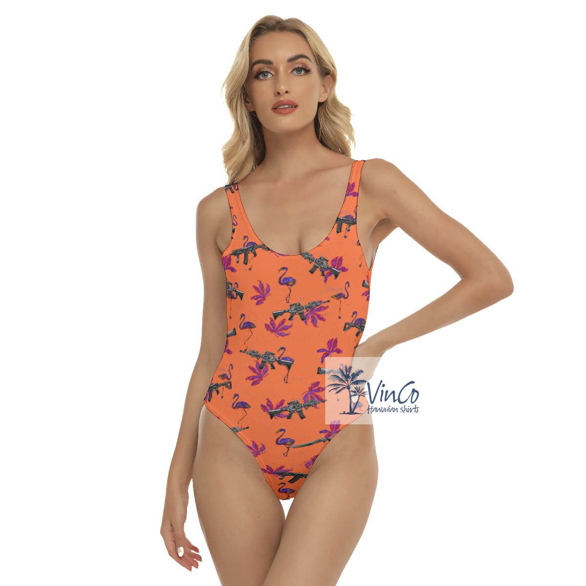 Flamingo With Gun Orange Hawaiian Swimsuit For Women