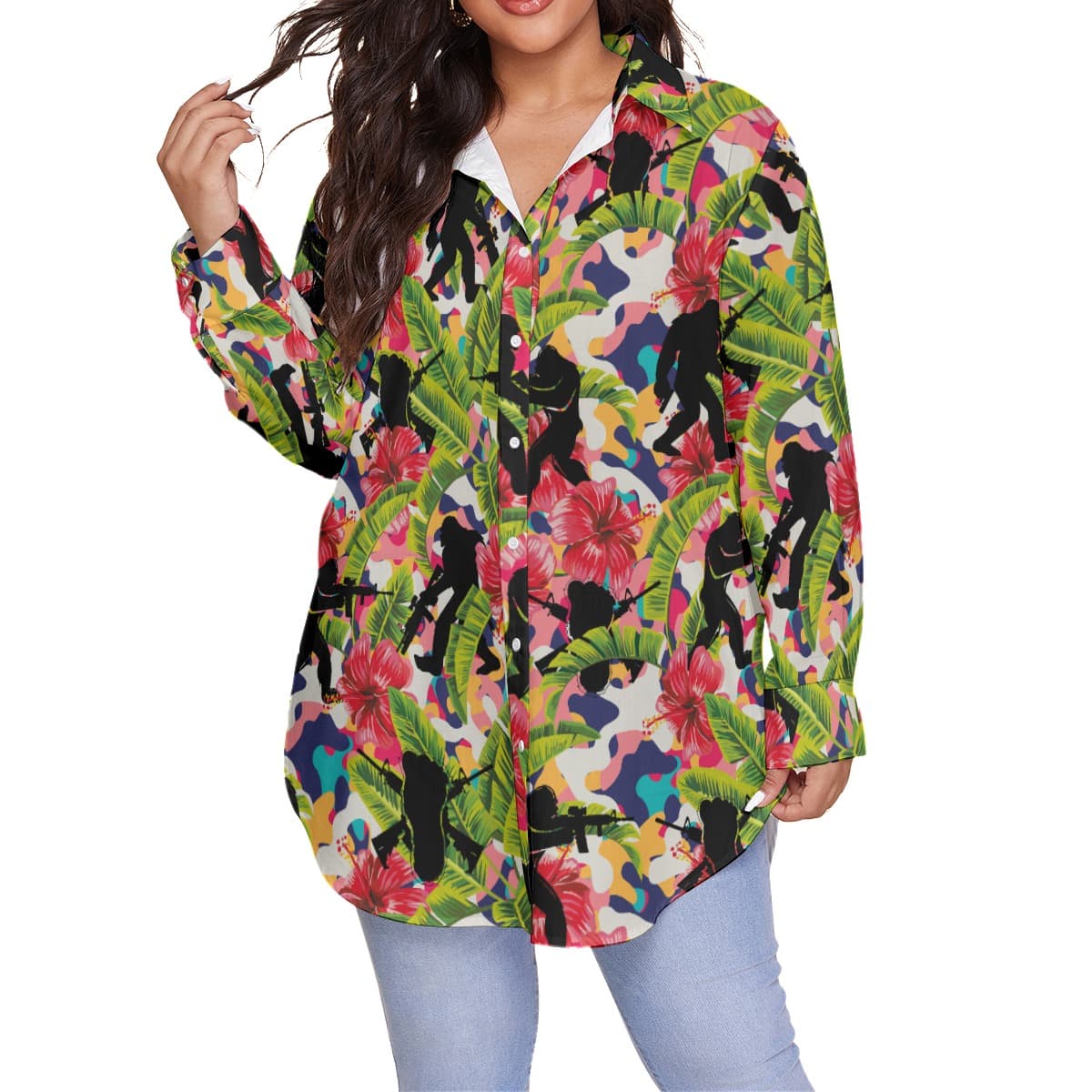 Floral Bigfoot Tactical Pink Hawaiian Plus Size Shirt For Women