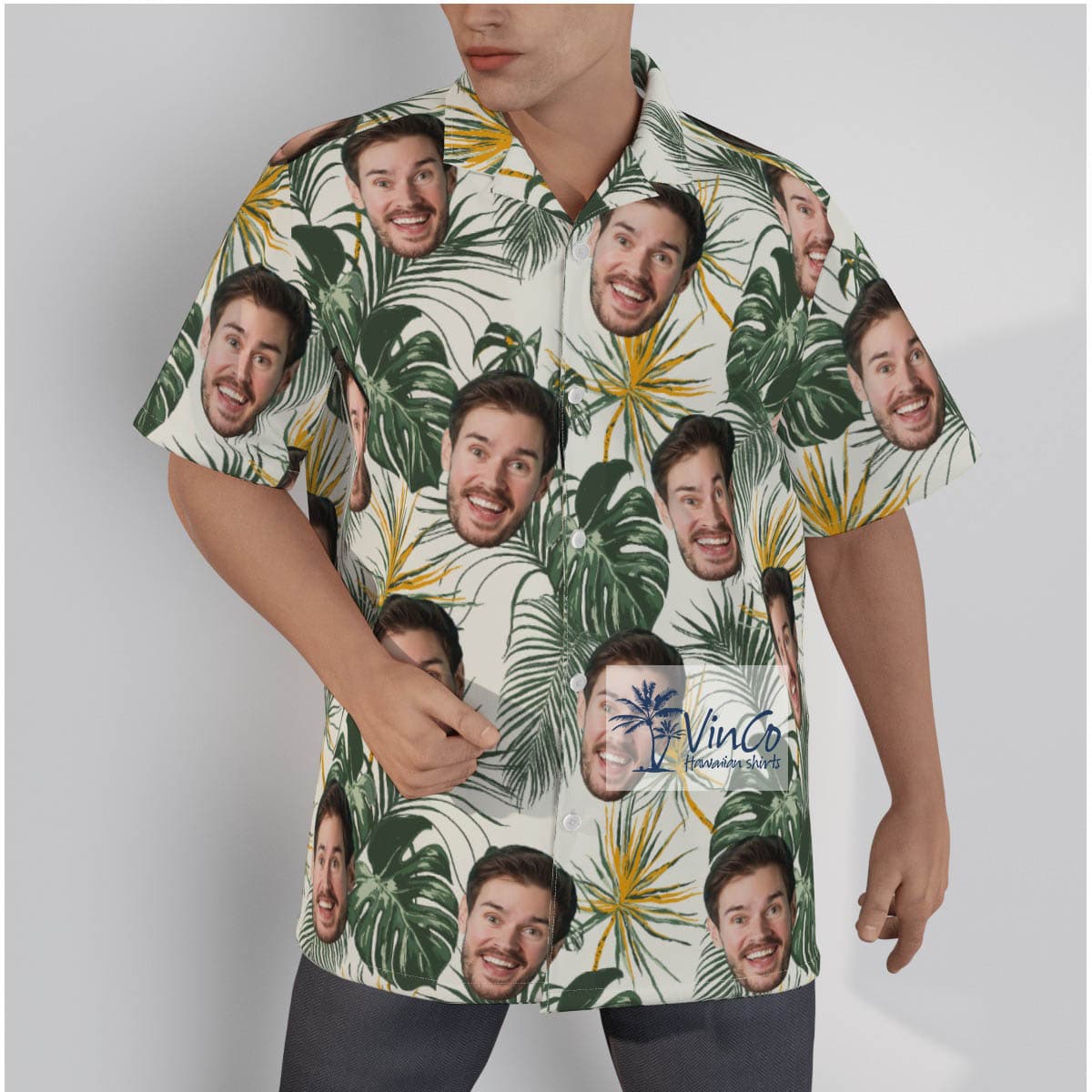 Floral Custom Faces Tropical Collar Button Up Hawaiian Shirt For Men (2)