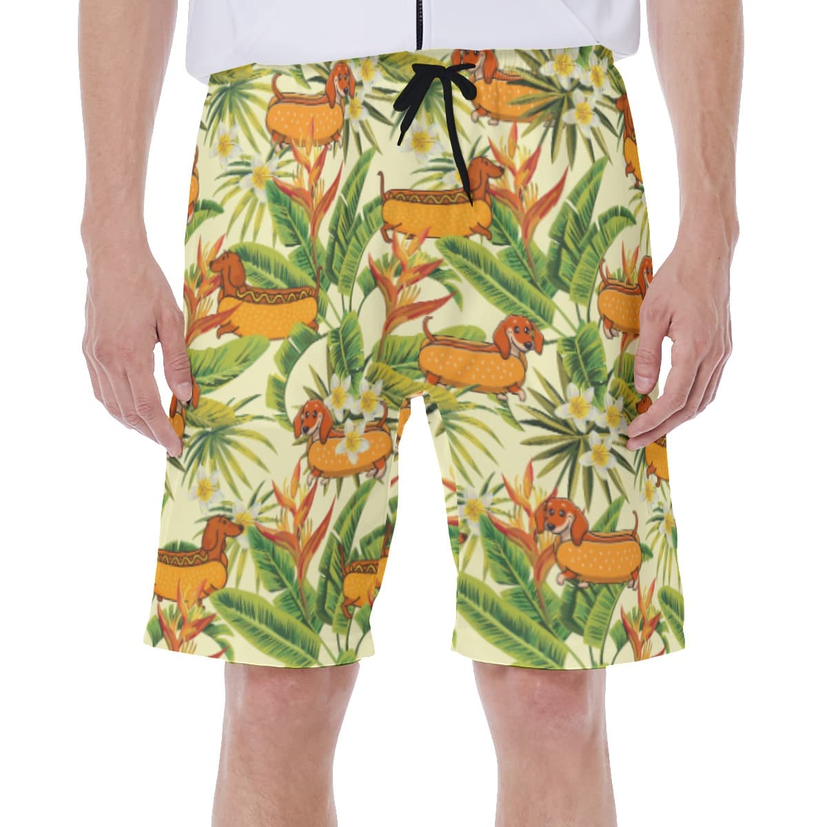 Floral Dachshund Hot Dog Yellow Hawaiian Swim Trunks For Men