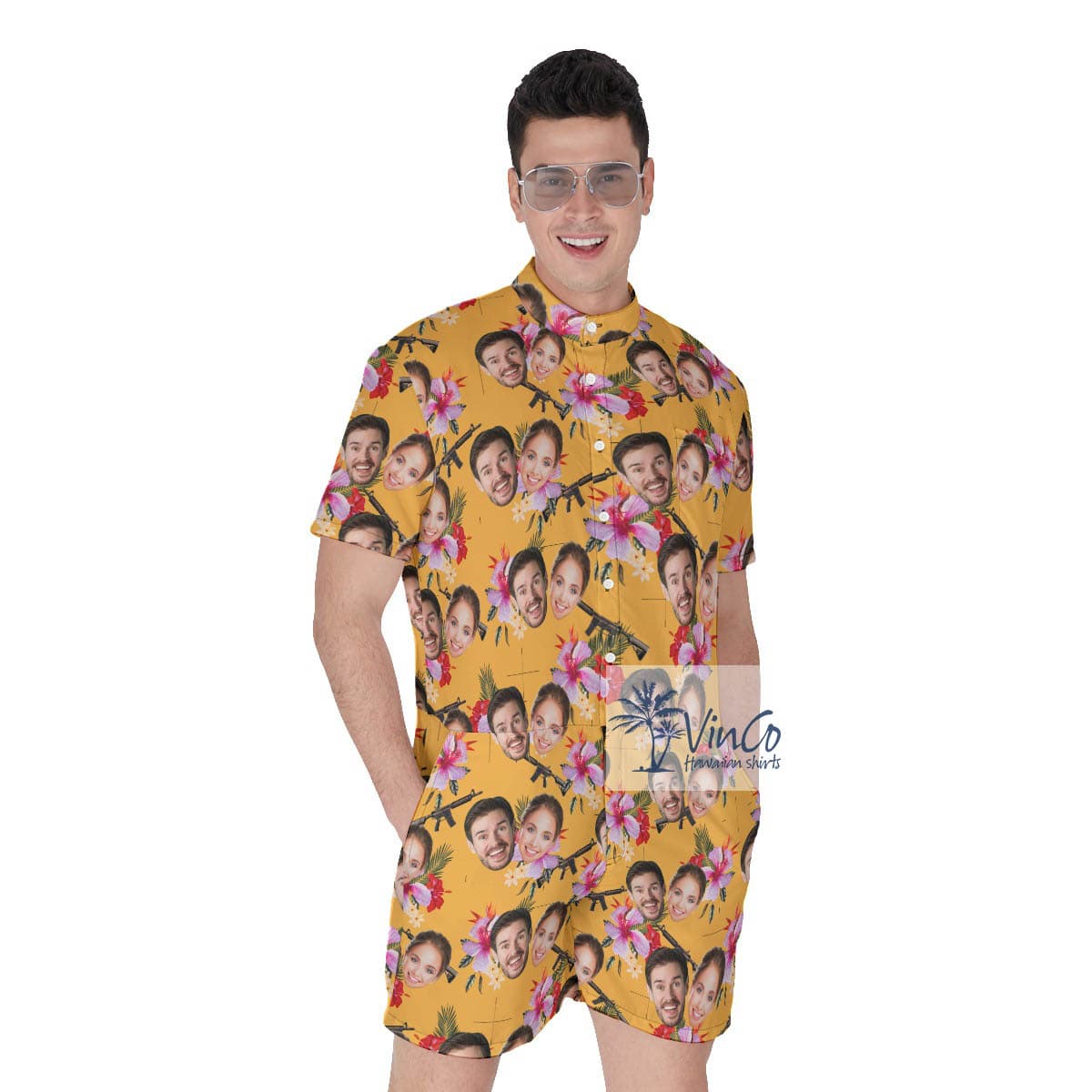 Floral Gun Custom Face Yellow Hawaiian Romper For Men