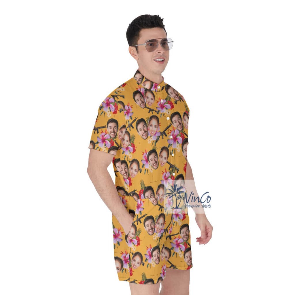 Floral Gun Custom Face Yellow Hawaiian Romper For Men