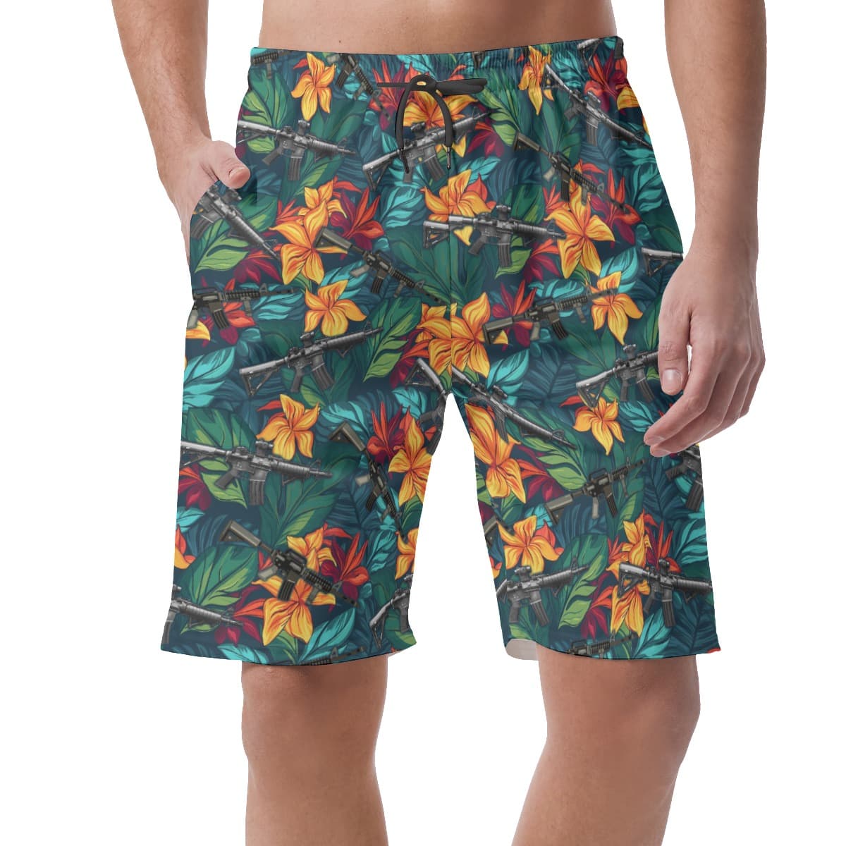Floral Gun Green Hawaiian Beach Shorts For Men
