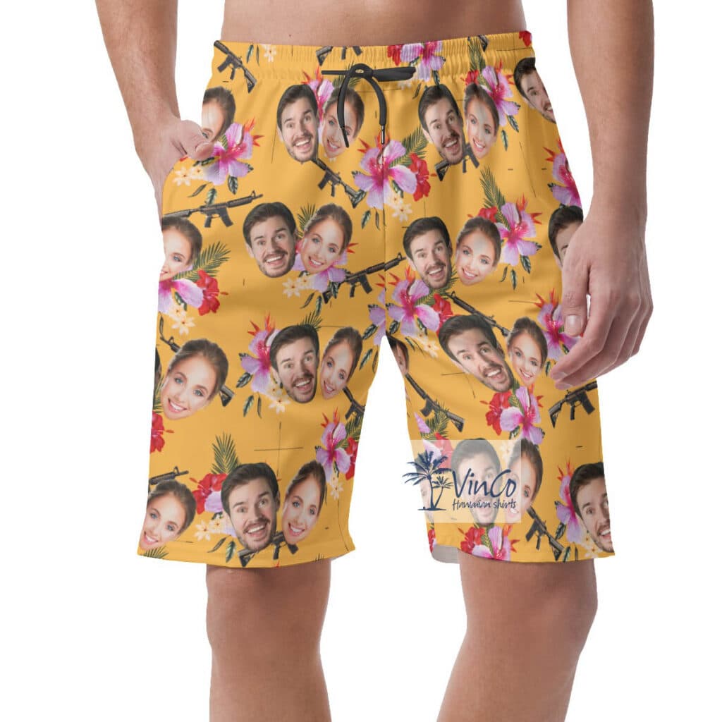 Floral Gun Yellow Hawaiian Beach Shorts With Custom Couple Faces