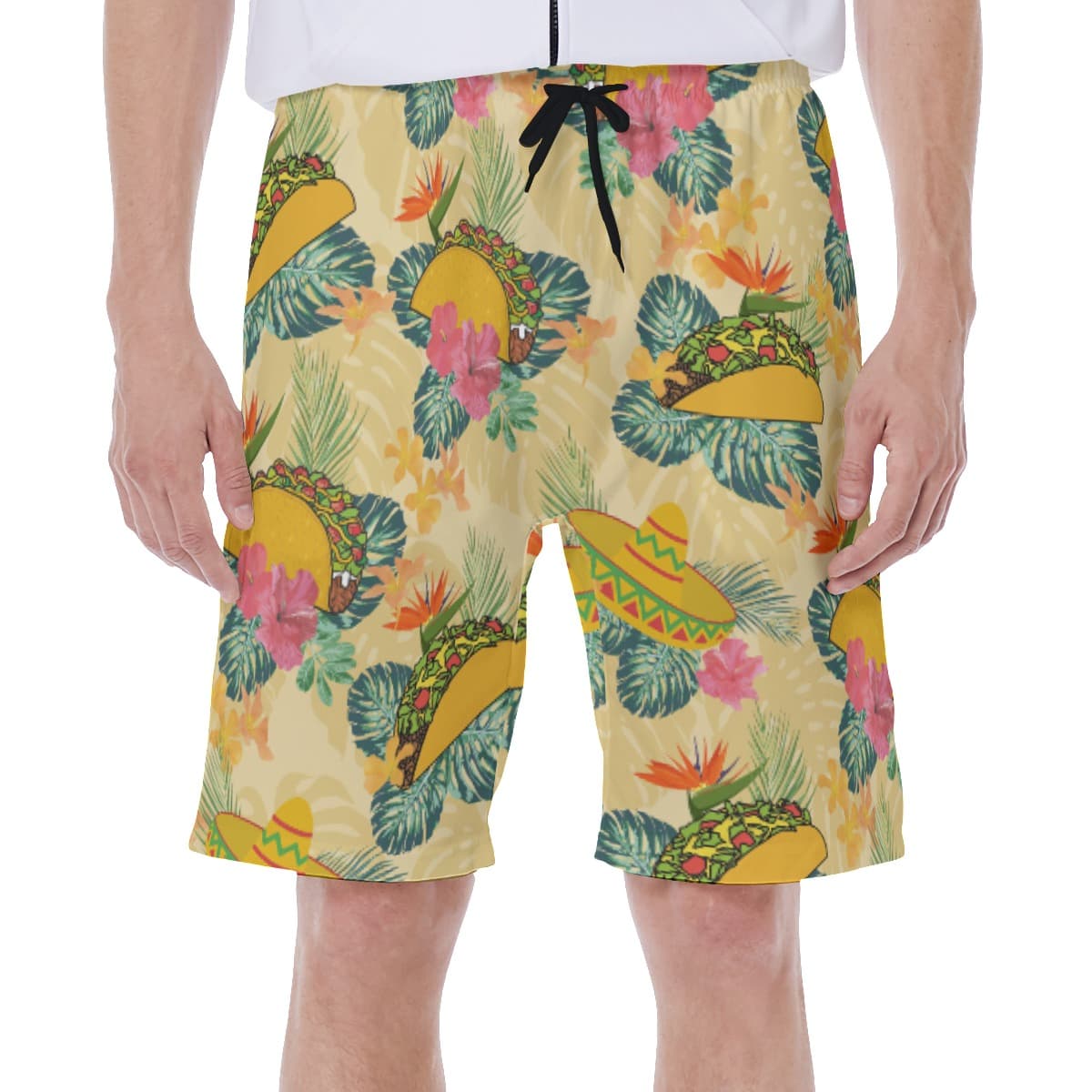 Floral Hibiscus Taco Yellow Hawaiian Swim Trunks For Men