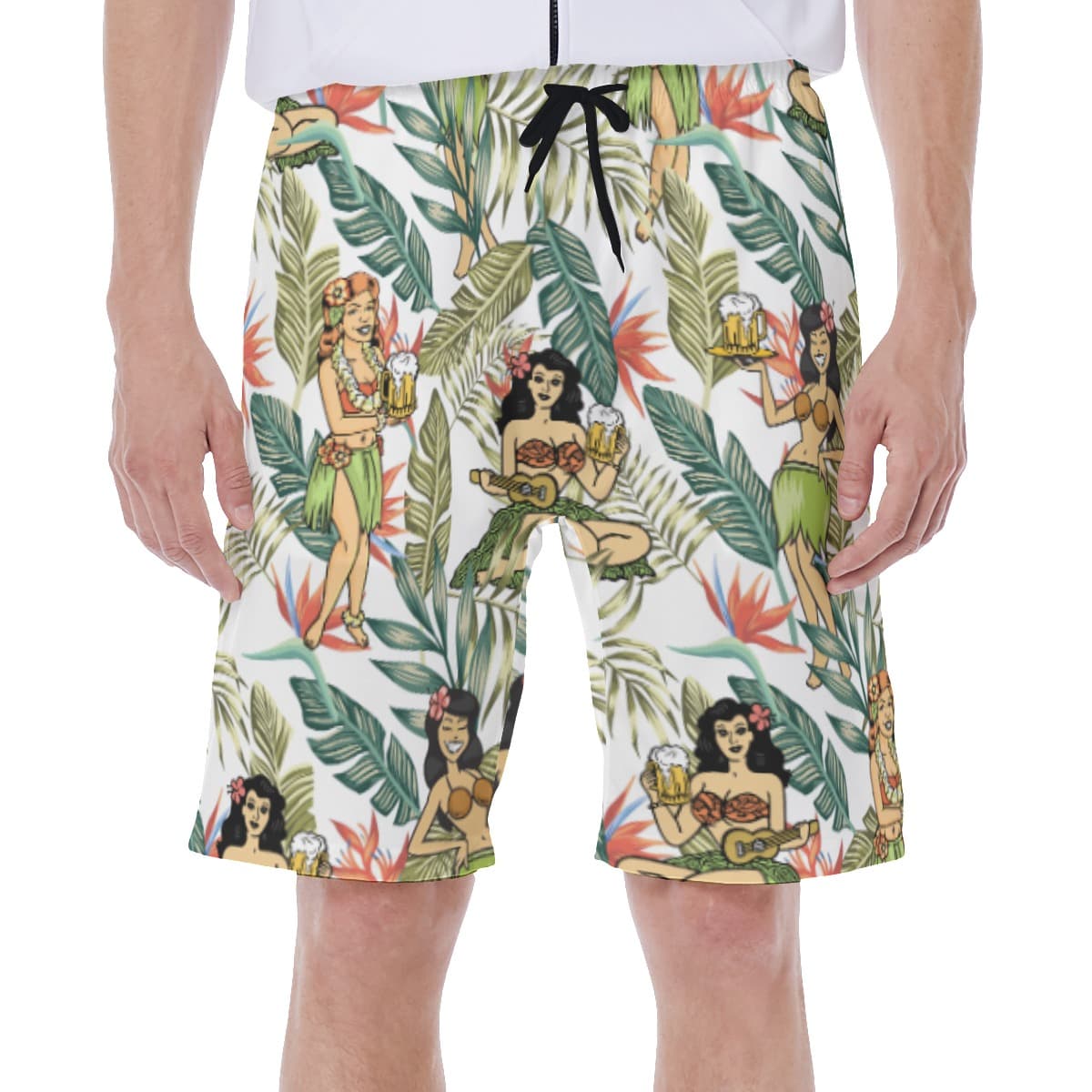 Floral Hula Girl And Beer Men's Hawaiian Swim Trunks