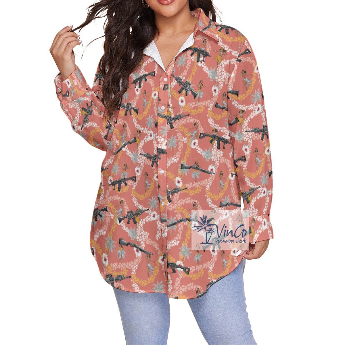 Floral Hula Girl Long Gun Plus Size Aloha Shirt For Women