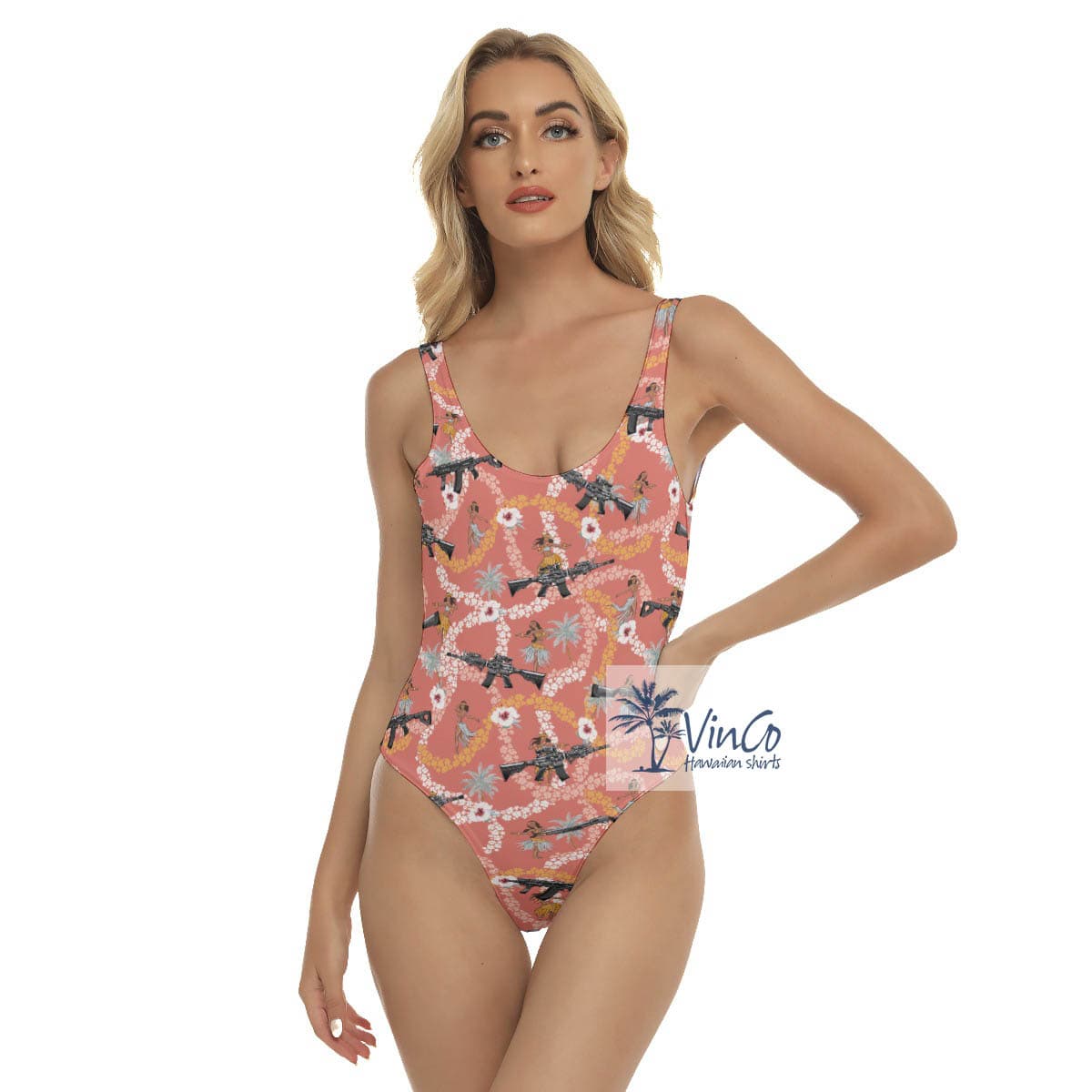Floral Hula Girl With Gun Hawaiian Swimsuit For Women (2)