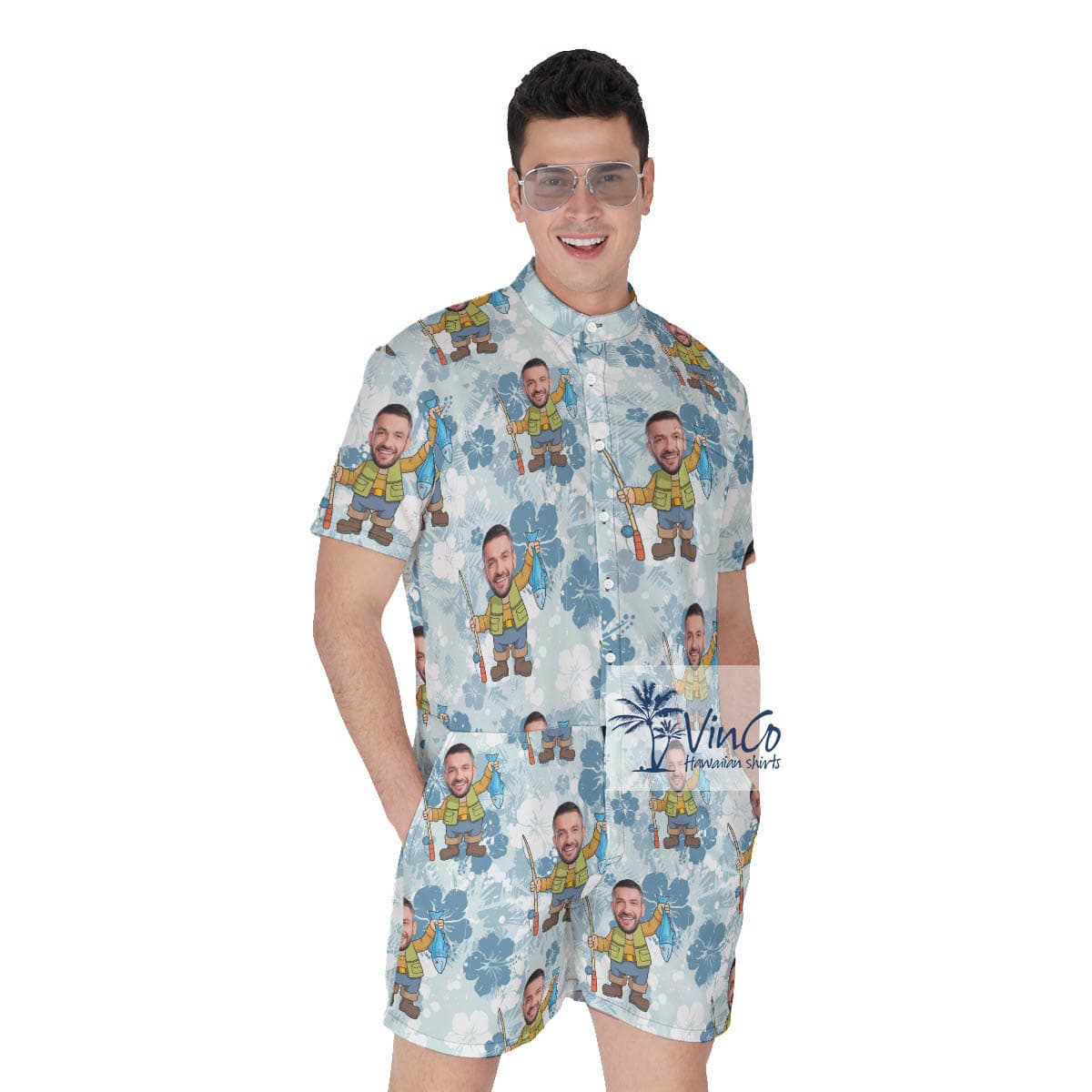Floral Personalized Faces Hawaiian Romper For Fishing Man (2)