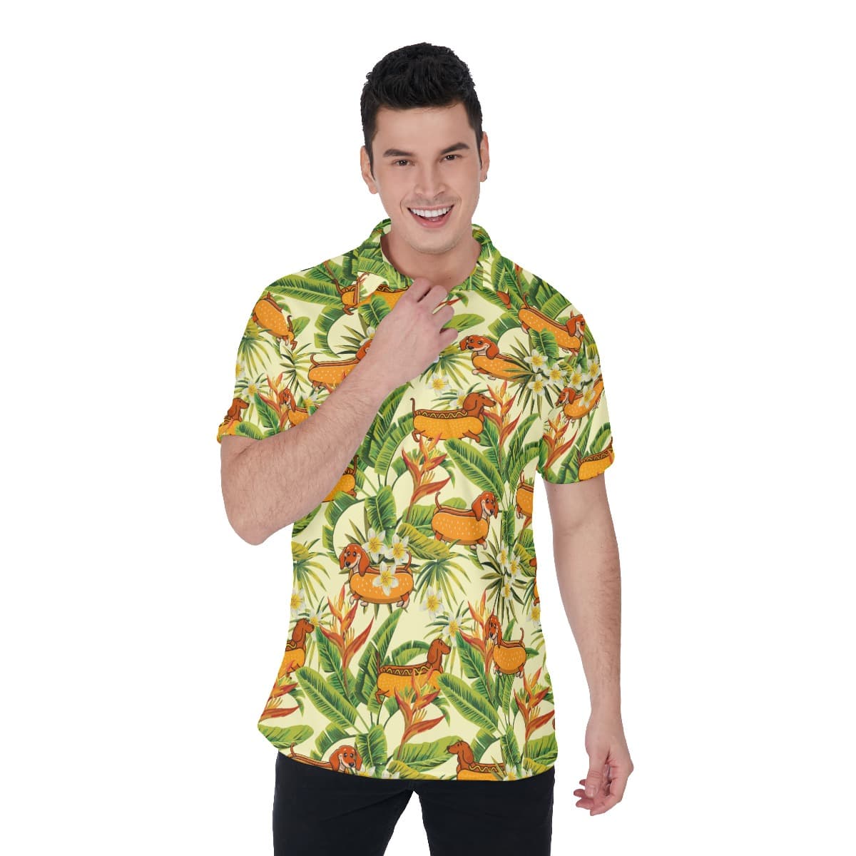 Floral Sausage Dog Floral Hawaiian Polo Shirt