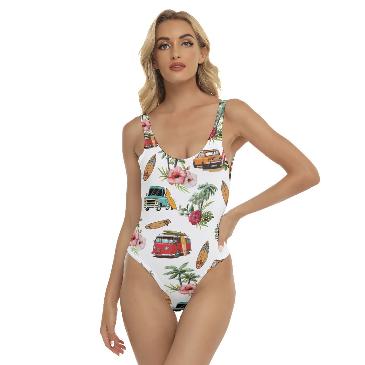 Floral Surfing Boards And Cars Hawaiian Swimsuit For Women