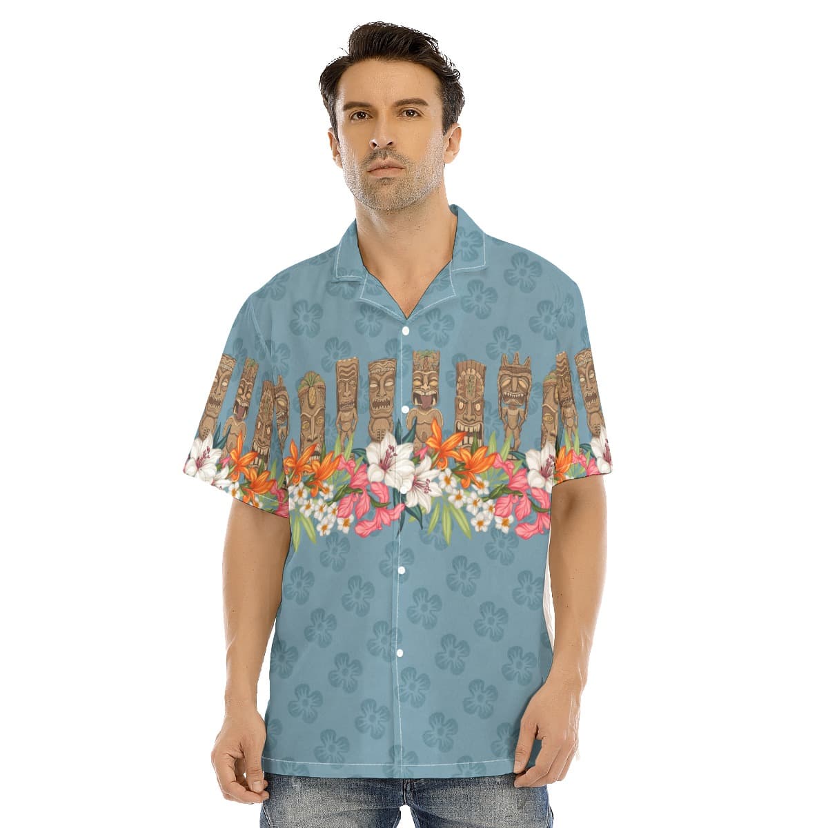 Floral Tiki Classic Blue Hawaiian Shirt
