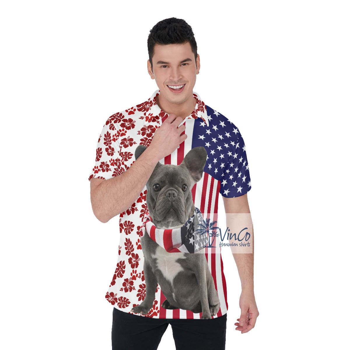 French Bulldog 4th Of July American Flag Hawaiian Golf Polo Shirt (2)