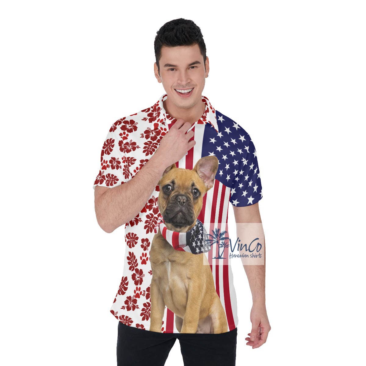 French Bulldog Patriotic American Hawaiian Golf Shirt For Men (1)