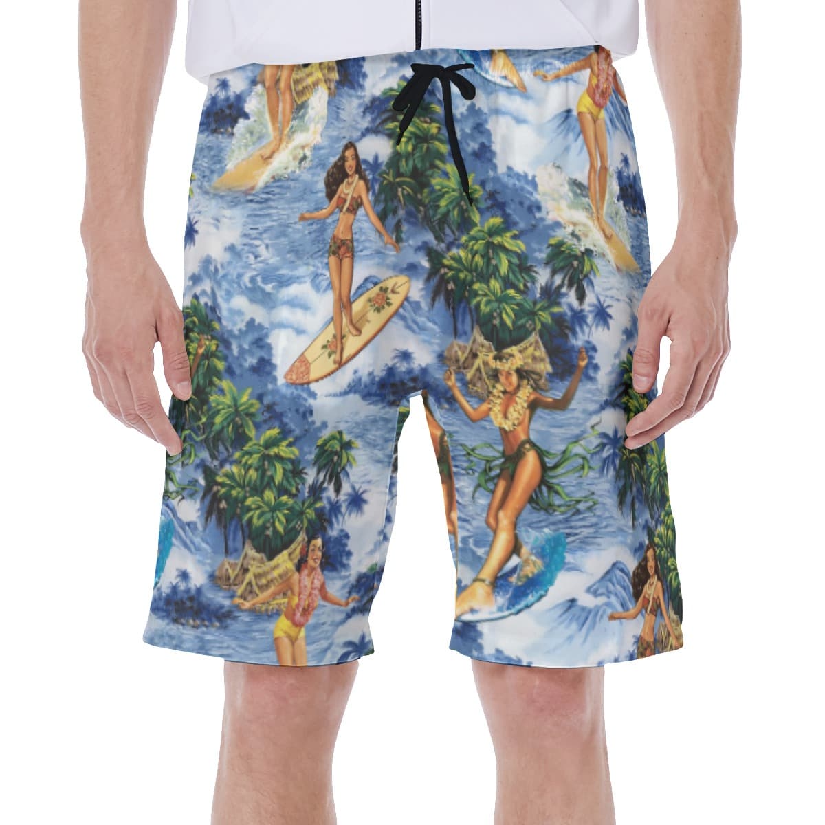 Funny Aloha Girl Surfing Tropical Hawaiian Swim Trunks For Men