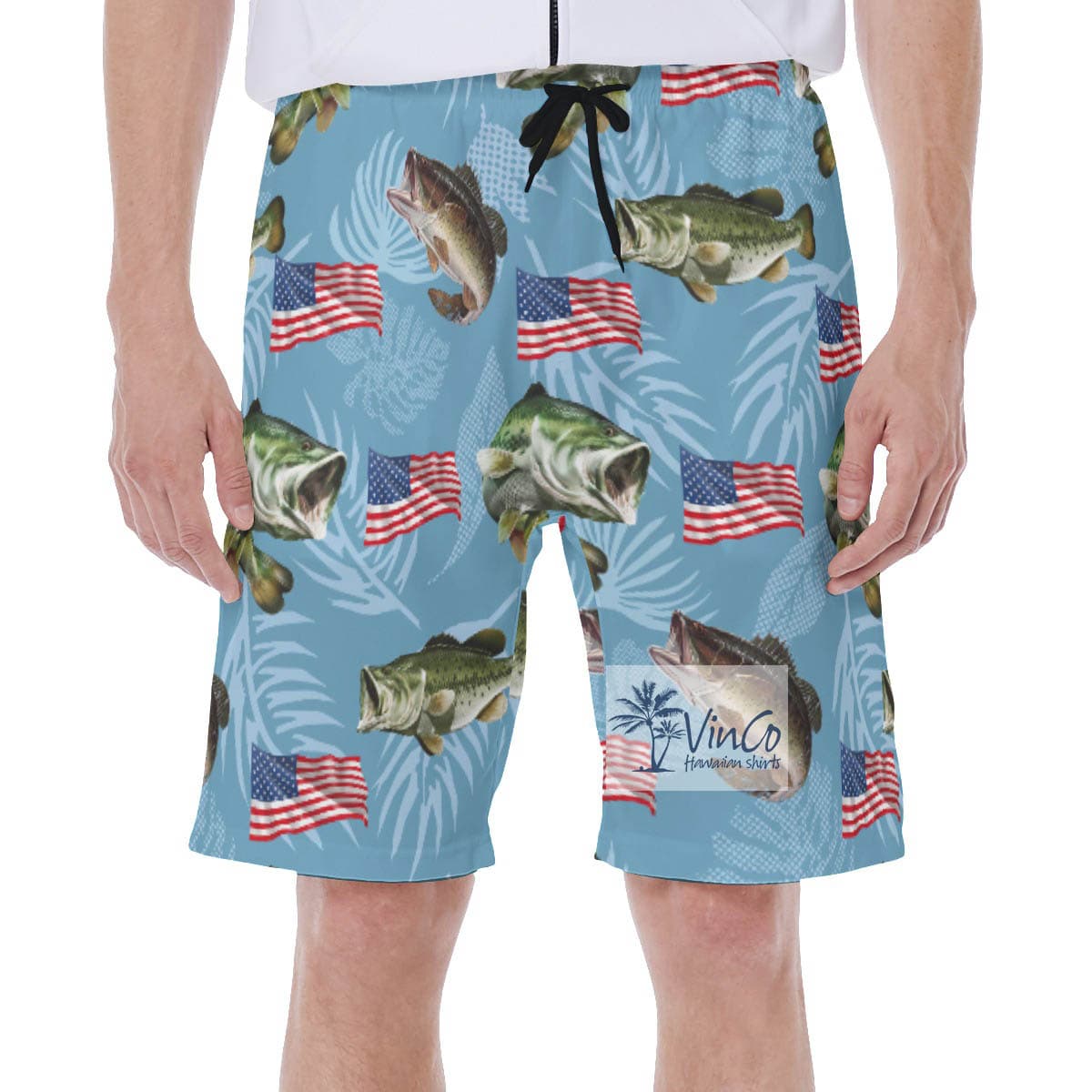 Funny American Flag Fish Hawaiian Swim Trunks For Men