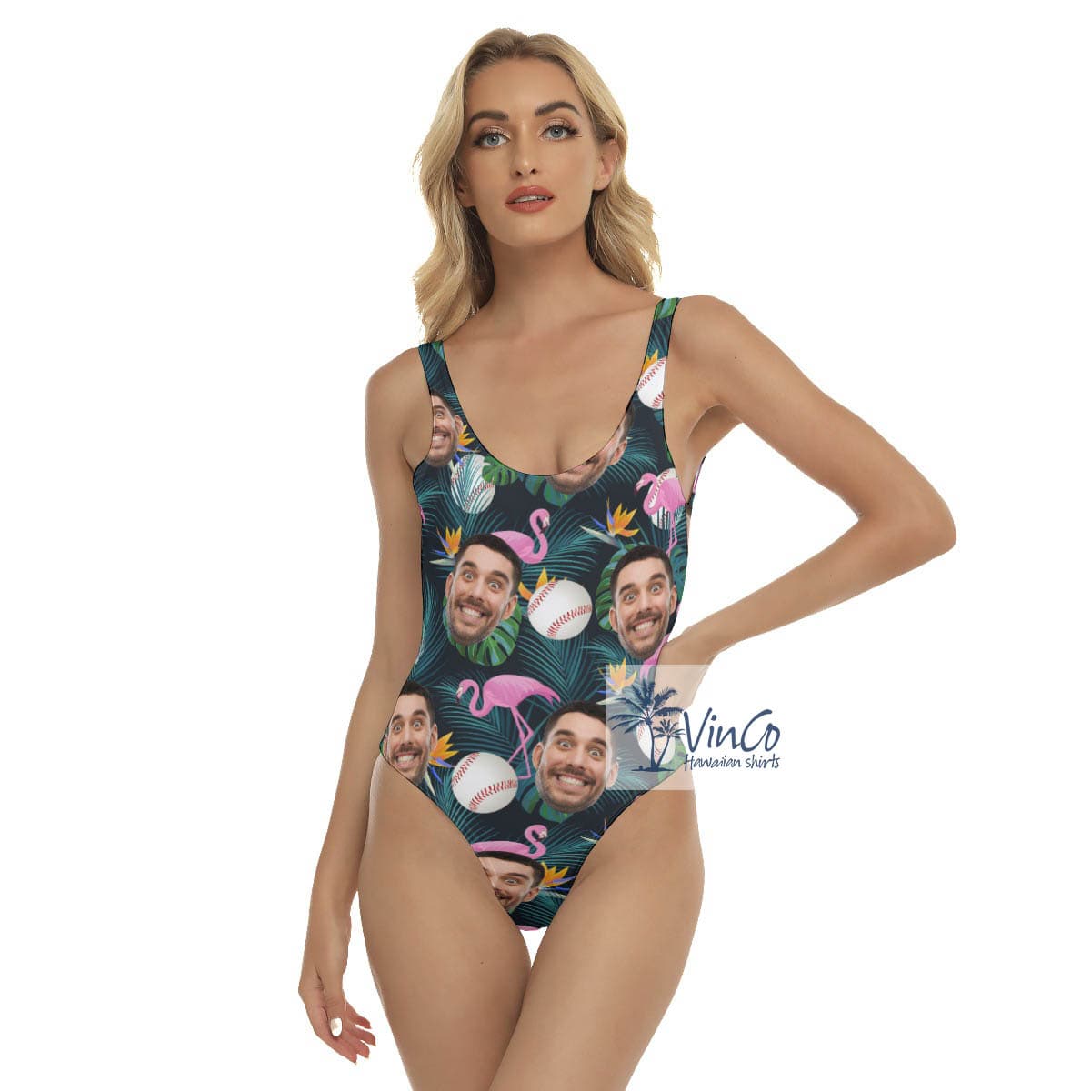 Funny Baseball Flamingo Hawaiian Swimsuit With Custom Face