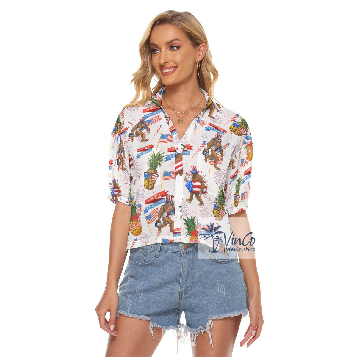 Funny Bigfoot And Pineapple American Flag Aloha Cropped Shirt For Women (2)
