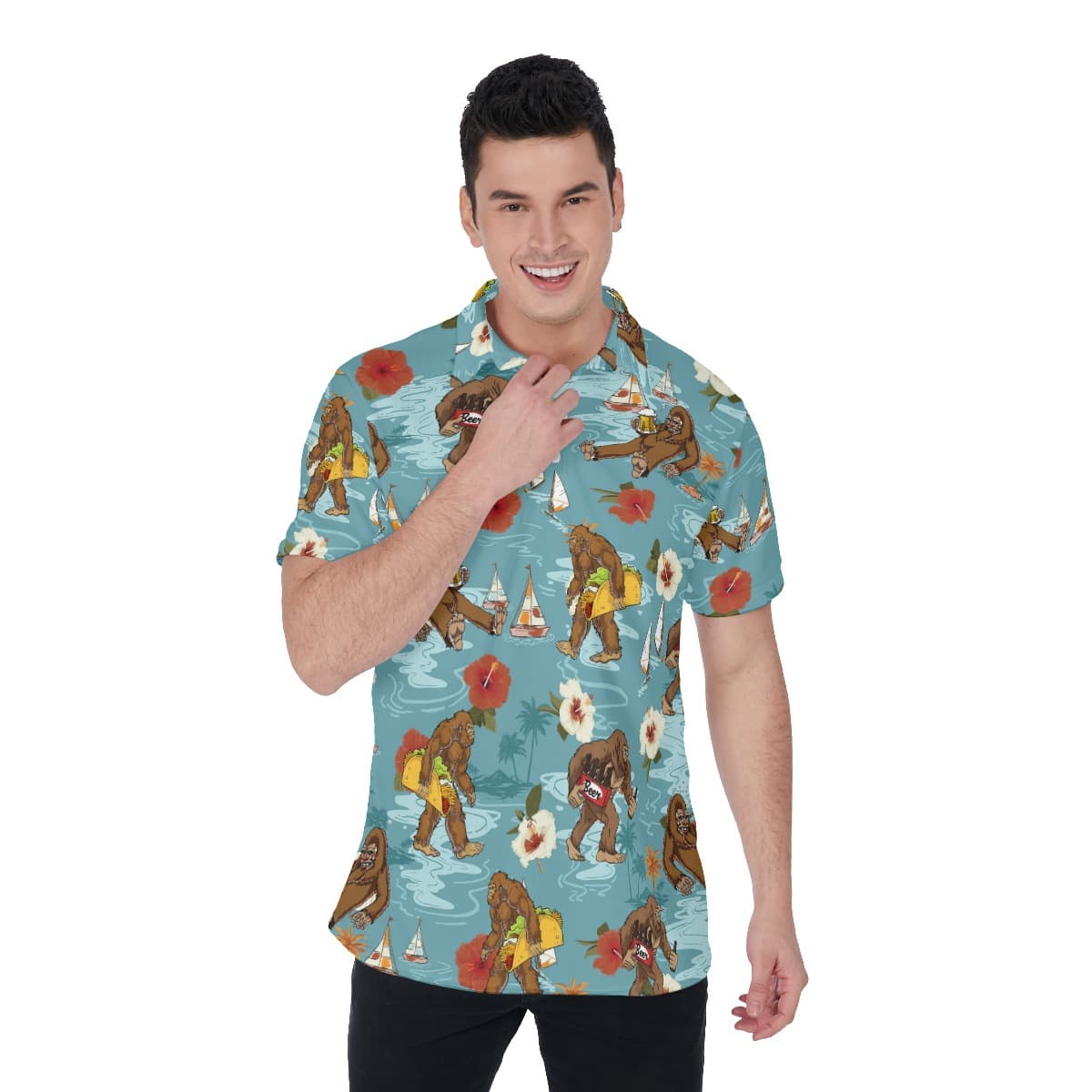 Funny Bigfoot Beer Hibiscus Hawaiian Polo Shirt For Men